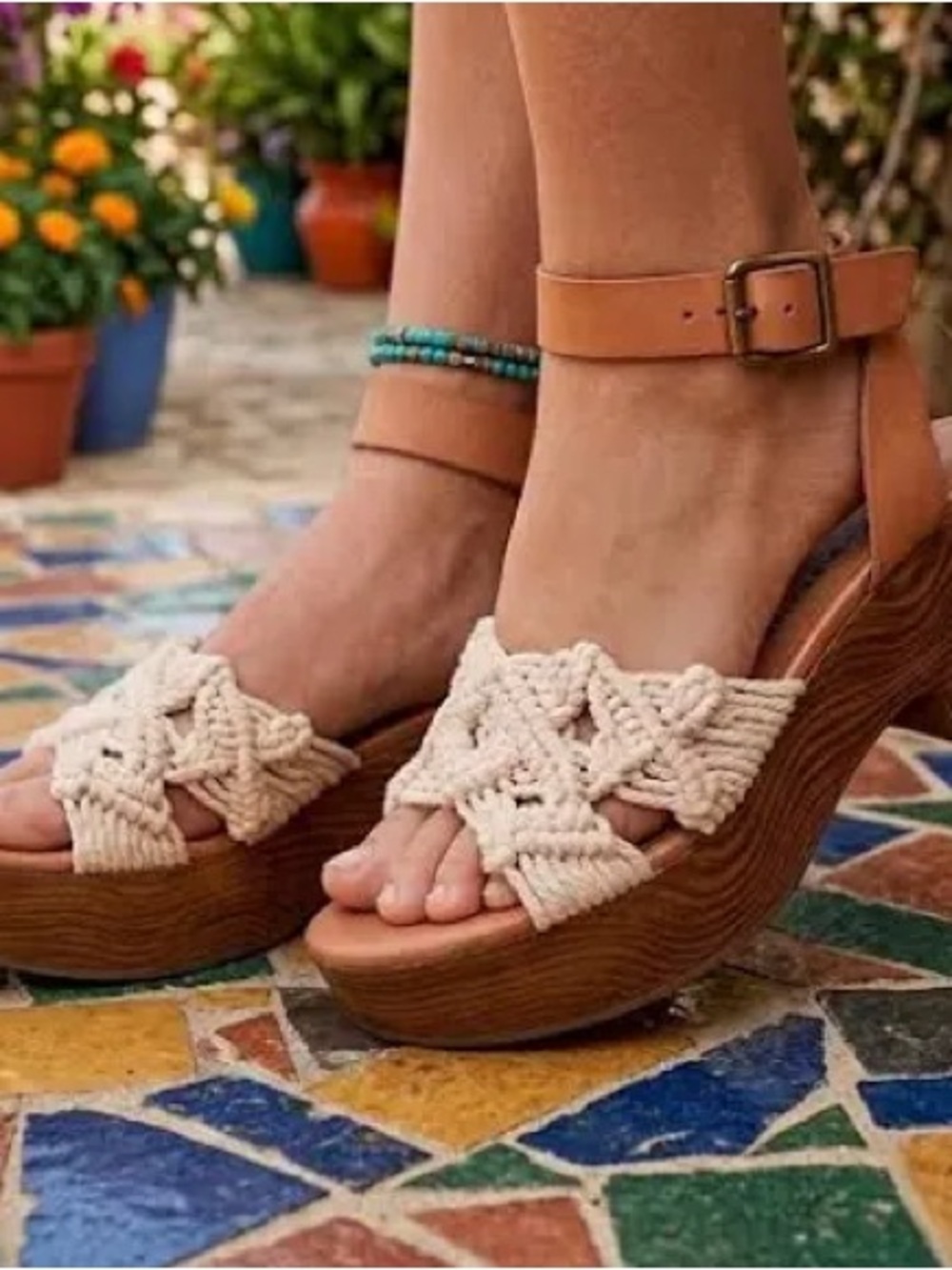 Lucky Brand Famika Woven Cream Macramé Leather-Ankle Wedge Sandals Boho 7.5M NEW